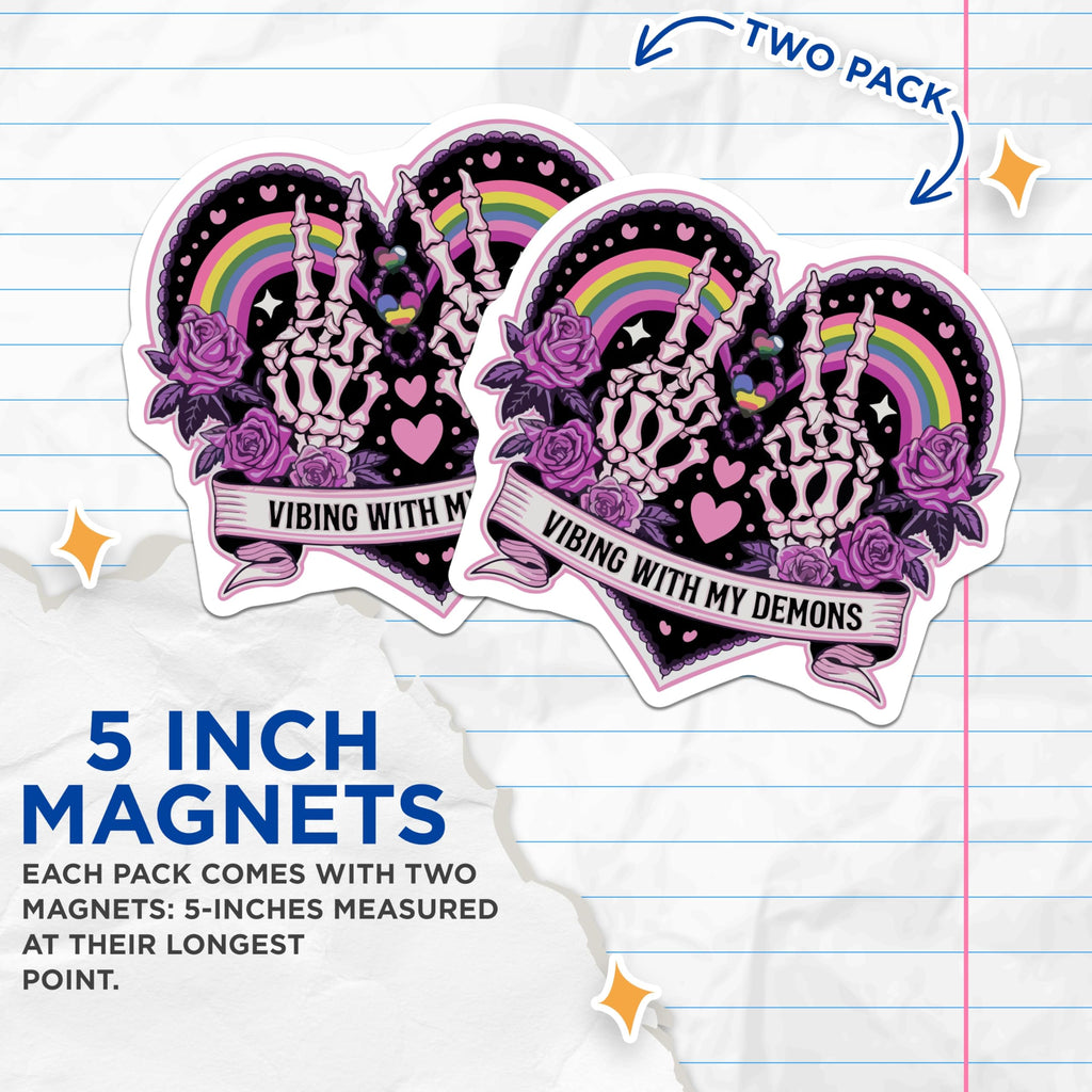 (2 Pack) Vibing with My Demons Magnets - Skeleton Hands Rainbow Goth - Pastel Alt Decor - 5 Inches On Longest Side - Thick Durable Magnet - Made in USA - MAG22165