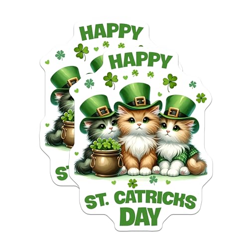 (2 Pack) Happy St Catricks Day Stickers - Cute Cat - St Patricks Day Celebration - 5" On Longest Side - Sticks to Smooth Flat Surfaces - Made in USA - BMCS8108