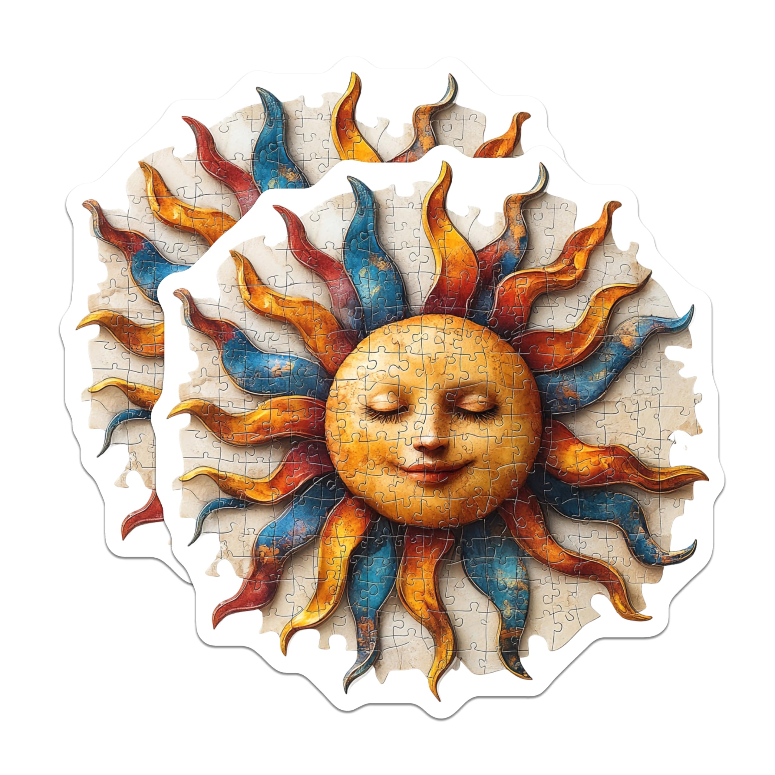(2 Pack) Celestial Sun Face Magnets - Puzzle Art Design - Bohemian Kitchen Decor - 5 Inches On Longest Side - Thick Durable Magnet - Made in USA - MAG24238