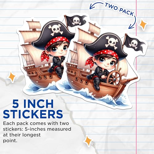 (2 Pack) Cute Pirate Stickers - Pirate Ship Decal - Cartoon Pirate Kids Decoration Stickers - 5" On Longest Side - Sticks to Smooth Flat Surfaces - Made in USA - BMCS6406