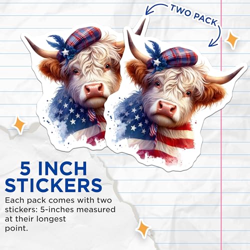 (2 Pack) Highland Cow Stickers - American Flag Sticker - Scottish Highland Cow Art - 5" On Longest Side - Sticks to Smooth Flat Surfaces - Made in USA - BMCS6344