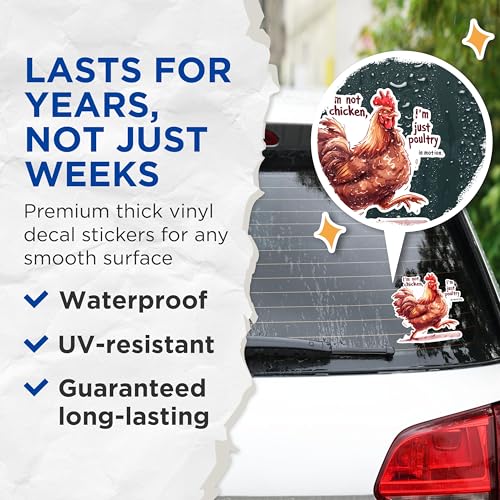 (2 Pack) Funny Poultry in Motion Stickers - I'm Not Chicken Humor Stickers - Animal Enthusiast Decals - 5" On Longest Side - Sticks to Any Smooth Flat Surface - Made in USA - BMCS2598