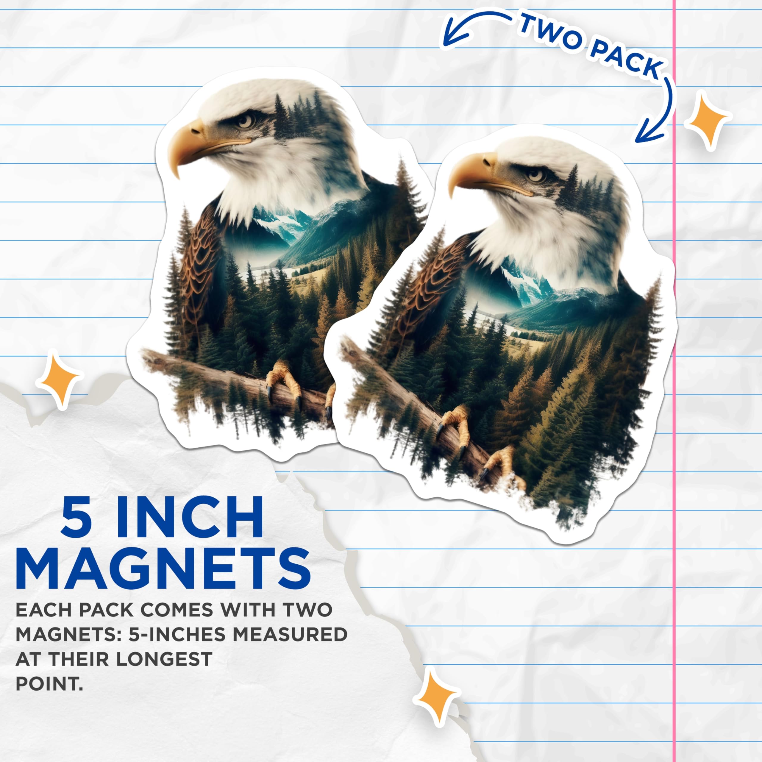 (2 Pack) Bald Eagle Magnets - Mountain Forest Eagle - Wildlife Decor - 5" On Longest Side - Premium Magnet - for Cars, Refrigerators, Toolboxes, Lockers - Made in USA - MAG14098