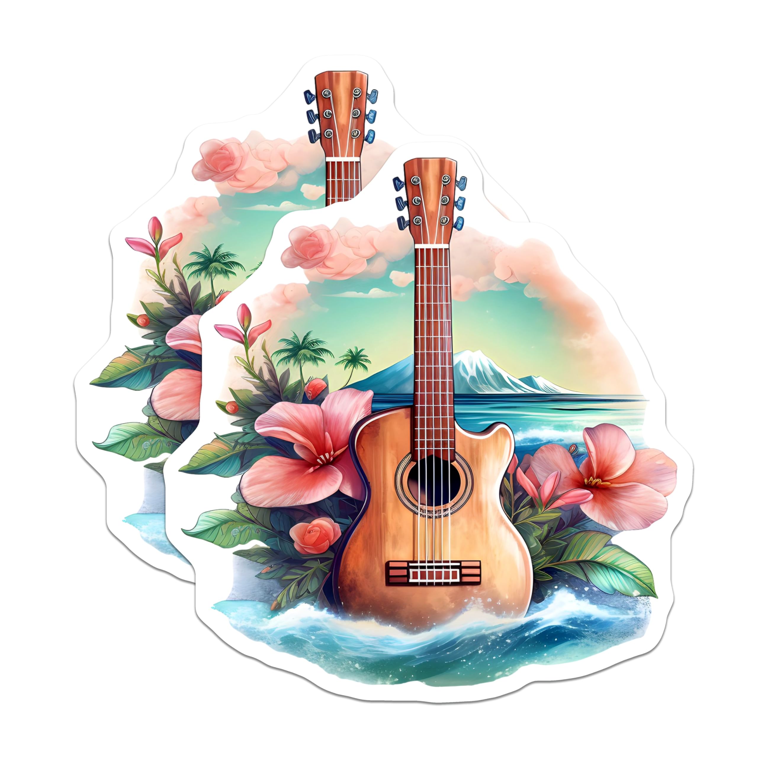 (2 Pack) Hawaiian Guitar Magnets - Tropical Island Ocean Scene - Beach Music Lover Home Decor - 5 Inches On Longest Side - Thick Durable Magnet - Made in USA - MAG21909