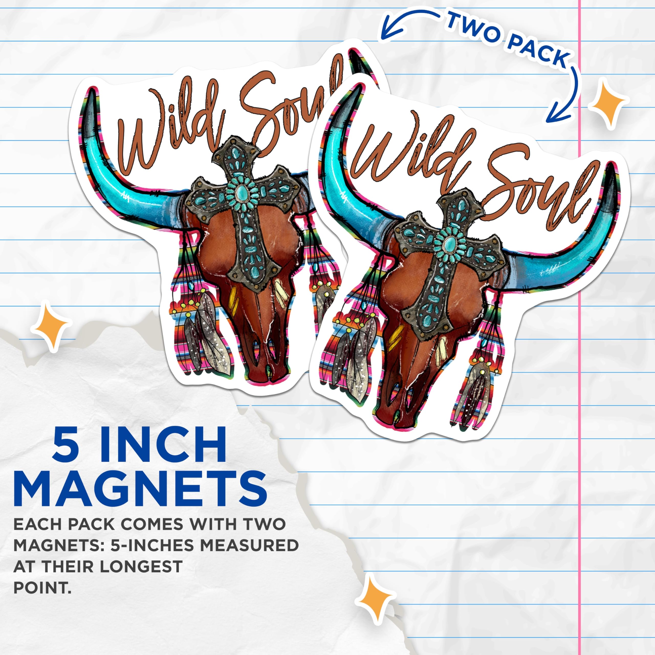 (2 Pack) Wild Soul Bull Skull Magnets - Boho Western Decor - Southwestern Cowgirl Style Longhorn - 5 Inches On Longest Side - Thick Durable Magnet - Made in USA - MAG30704