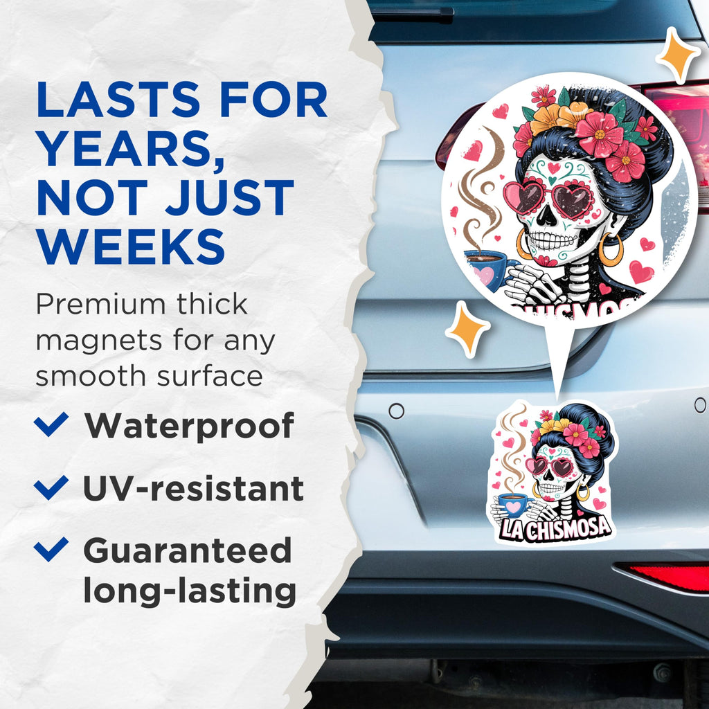 (2 Pack) La Chismosa Magnets - Sugar Skull Art - Calavera Coffee Lover Decor - Day of the Dead Vibes - Mexican Folk Art - 5 Inches On Longest Side - Thick Durable Magnet - Made in USA - MAG21831