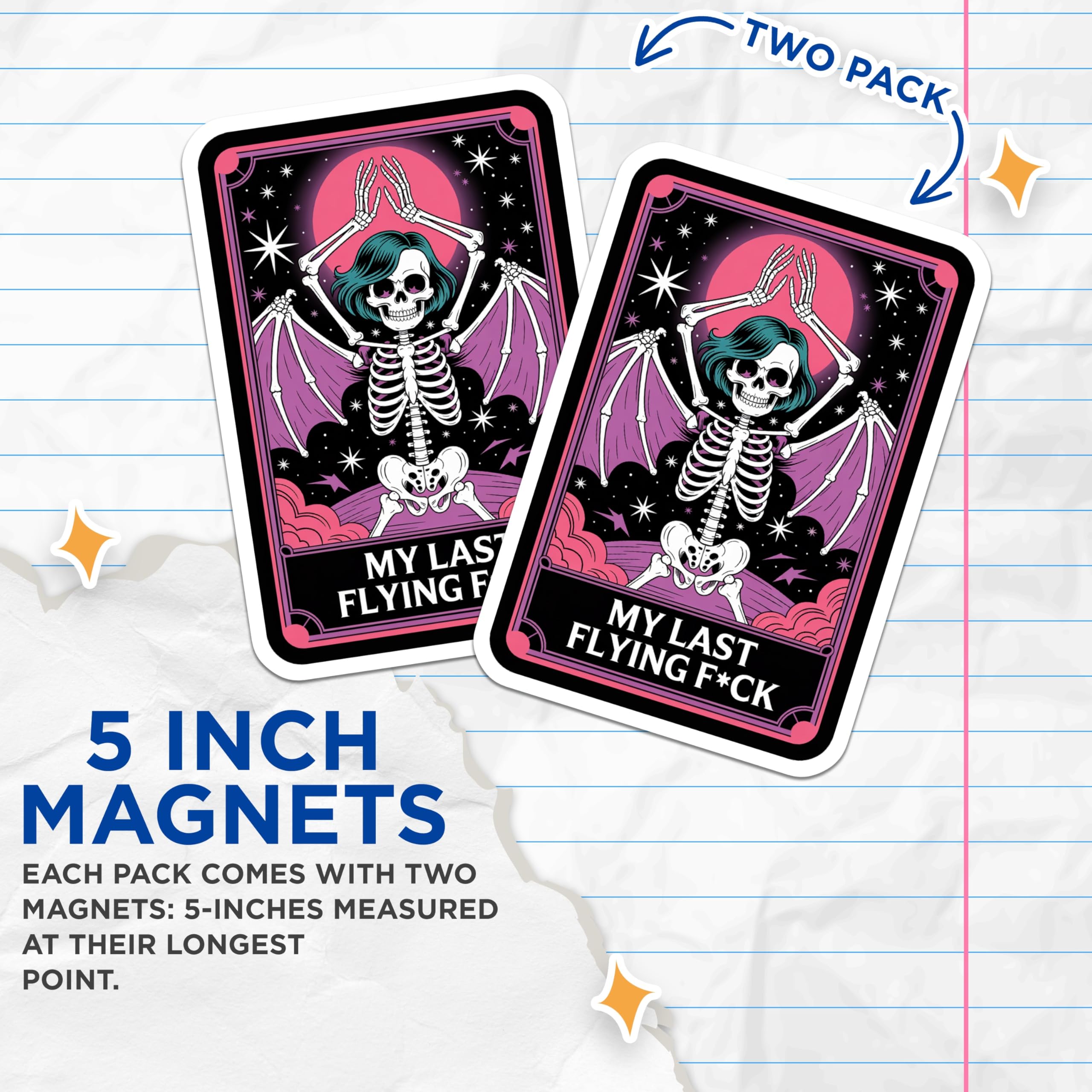 (2 Pack) Sarcastic Skeleton Magnets - Bat Wing Skull Tarot Card Art - Humorous Gothic Refrigerator Decor Statement - 5 Inches On Longest Side - Thick Durable Magnet - Made in USA - MAG21466