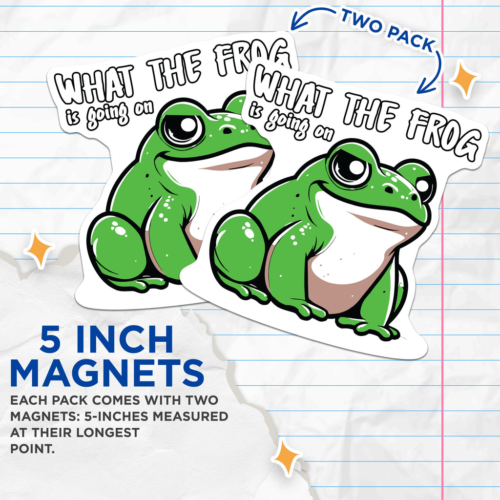 (2 Pack) Funny Frog Magnets - What The Frog Quote - Humorous Animal Decor - Quirky Refrigerator Art - 5 Inches On Longest Side - Thick Durable Magnet - Made in USA - MAG38239