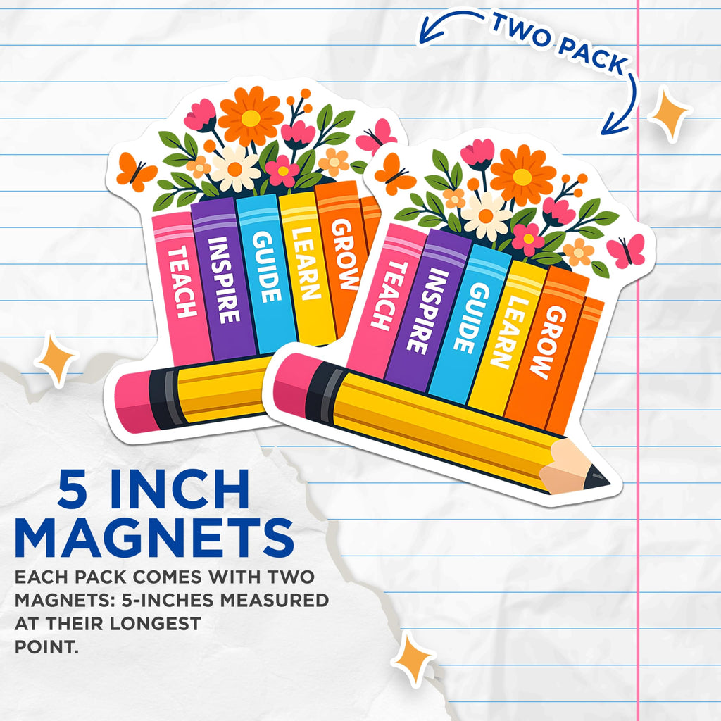 (2 Pack) Teacher Inspiration Magnets - Educational Bookshelf Decor - Teach Inspire Learn Grow School Office Accessory - 5 Inches On Longest Side - Thick Durable Magnet - Made in USA - MAG20869