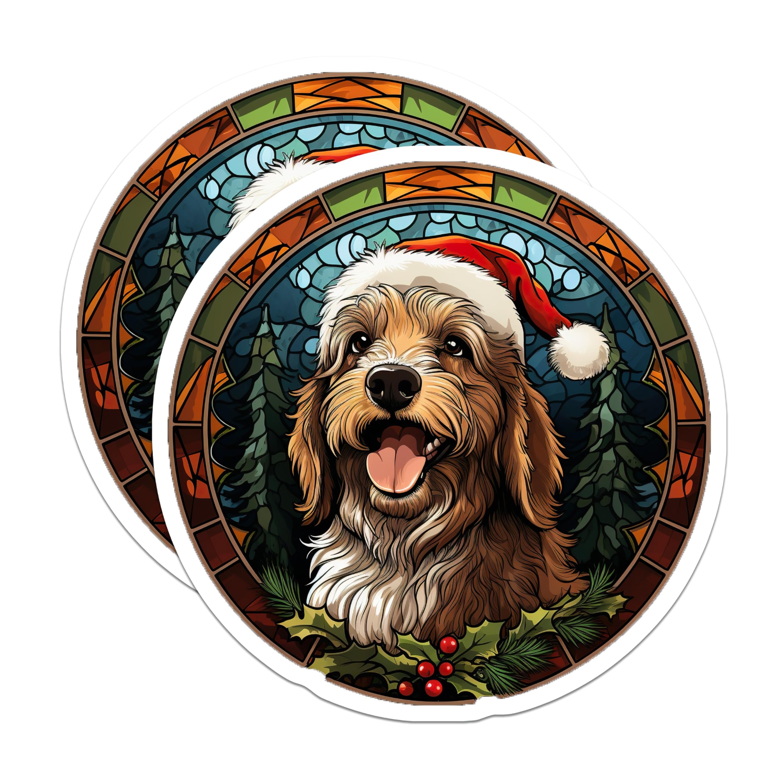 (2 Pack) Christmas Goldendoodle Magnets - Santa Hat Dog Holiday Decor - Stained Glass Look Fridge - 5 Inches On Longest Side - Thick Durable Magnet - Made in USA - MAG27554