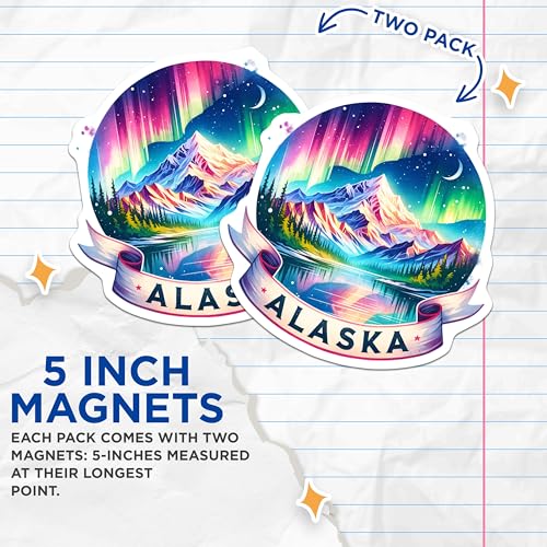 (2 Pack) Alaska Magnets - Colorful Mountain Magnets - Northern Lights - 5" On Longest Side - for Cars, Fridges, Toolboxes - Made in USA - MAG6790