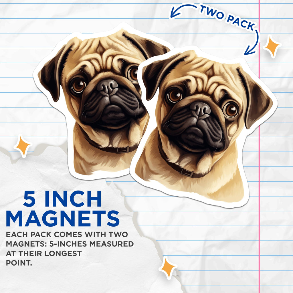 (2 Pack) Fawn Pug Dog Magnets - Adorable Pet Lover Decoration - Canine Companion Refrigerator Locker Whiteboard Accessory - 5 Inches On Longest Side - Thick Durable Magnet - Made in USA - MAG24748