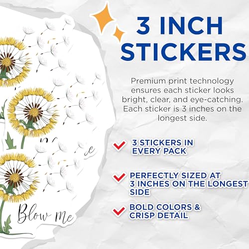 (3 Pack) Dandelion Decals - Blow Me Sticker - Laptop Decal - 3 Inches On Longest Side - Easy Peel & Apply - Made in USA - 3MCS7381