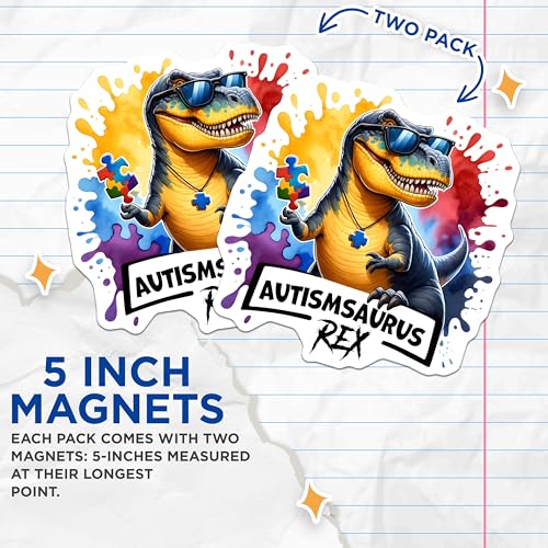(2 Pack) Autismsaurus Rex Magnets - Funny Autism Awareness - 5" On Longest Side - for Cars, Fridges, Toolboxes - Made in USA - MAG8126