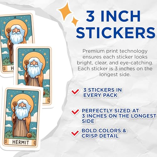 (3 Pack) Hermit Tarot Card Decals - Mystical Decals - Fortune Teller Decal - 3 Inches On Longest Side - Easy Peel & Apply - Made in USA - 3MCS1125