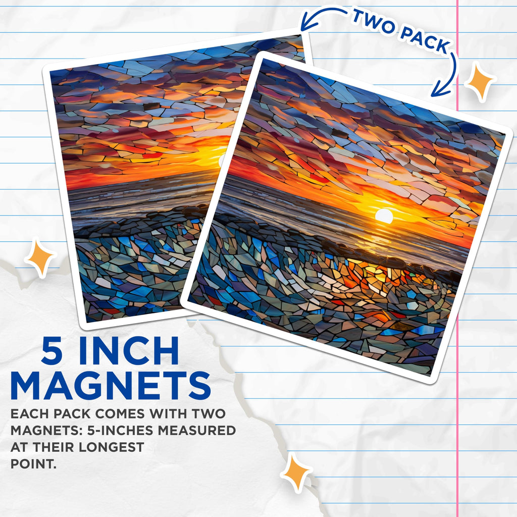(2 Pack) Sunset Mosaic Magnets - Ocean Beach Stained Glass Decor - Coastal Refrigerator Art - 5 Inches On Longest Side - Thick Durable Magnet - Made in USA - MAG27168