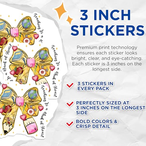 (3 Pack) Teacher Decals - Teaching is a Work of Heart - Educator Laptop Decals - 3 Inches On Longest Side - Easy Peel & Apply - Made in USA - 3MCS2361