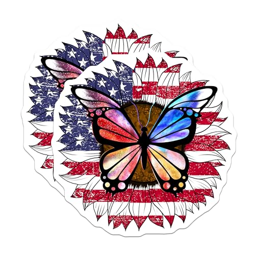 (2 Pack) Butterfly and American Flag Magnets - Patriotic Magnets - Butterfly Art - Sunflower Background - 5" On Longest Side - for Cars, Fridges, Toolboxes - Made in USA - MAG6960