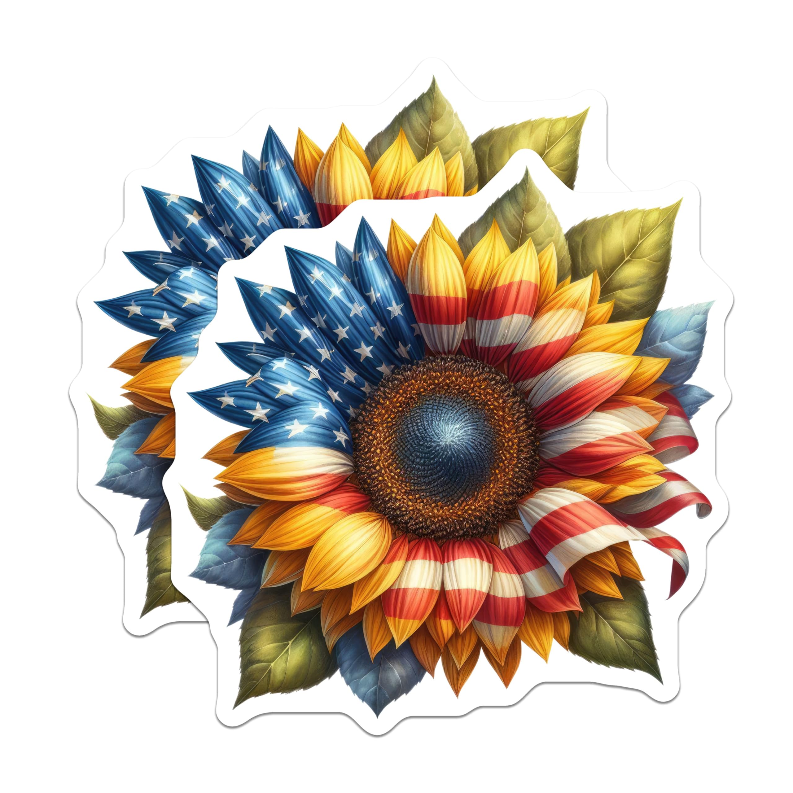 (2 Pack) American Flag Sunflower Stickers - Patriotic Flower Stickers - USA Themed Stickers - 5" On Longest Side - Sticks to Smooth Flat Surfaces - Made in USA - BMCS5334