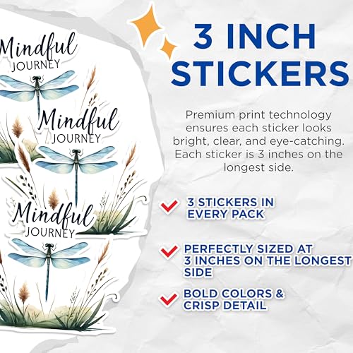 (3 Pack) Mindful Journey Decals - Dragonfly Art - Nature Inspired Stickers - 3 Inches On Longest Side - Easy Peel & Apply - Made in USA - 3MCS1524