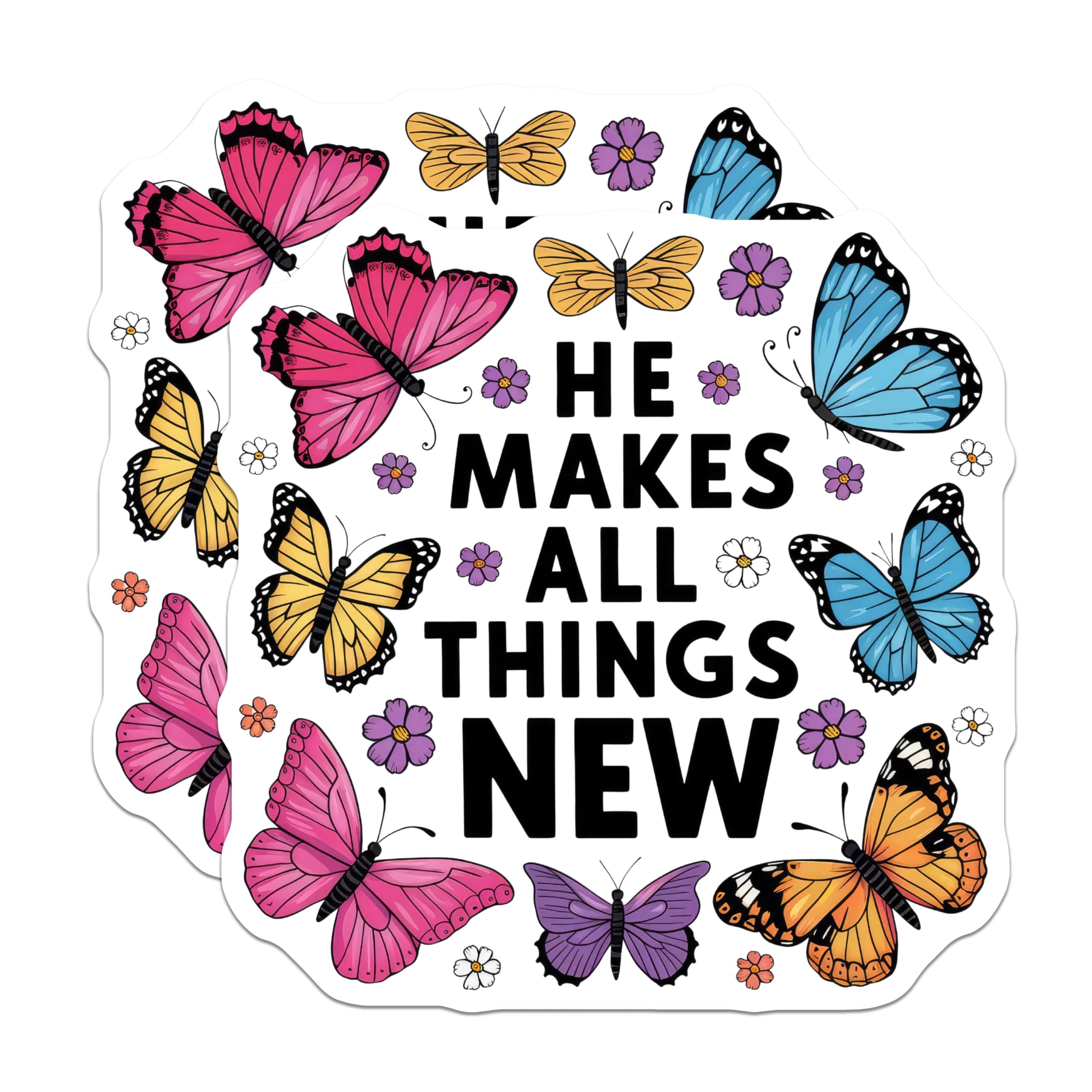 (2 Pack) He Makes All Things New Stickers - Inspirational Quote - Butterflies and Flowers - 5" On Longest Side - Sticks to Smooth Flat Surfaces - Made in USA - BMCS8829