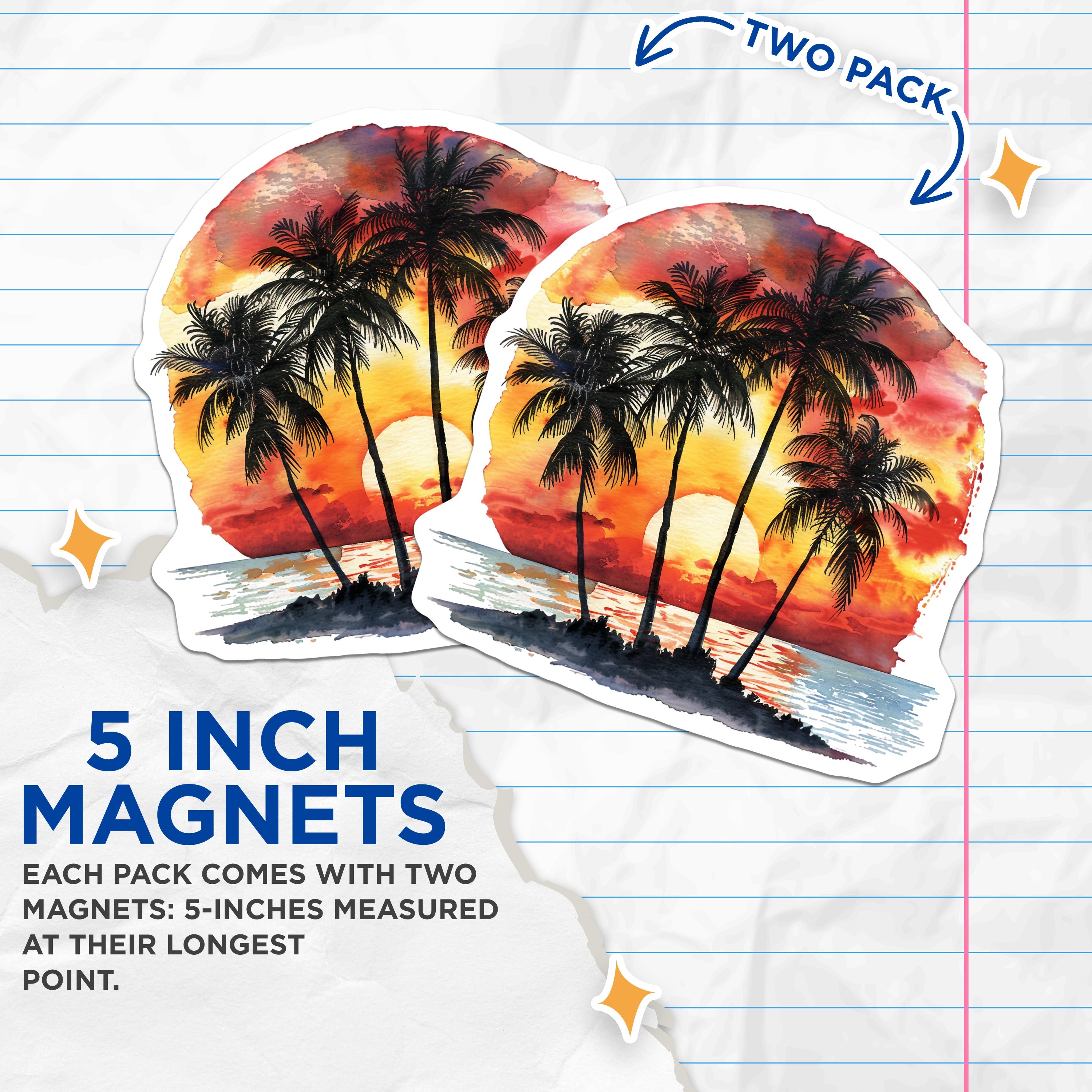 (2 Pack) Palm Tree Sunset Magnets - Tropical Beach Decor - Watercolor Ocean Scene - Island Life Fridge Magnets - 5 Inches On Longest Side - Thick Durable Magnet - Made in USA - MAG37535