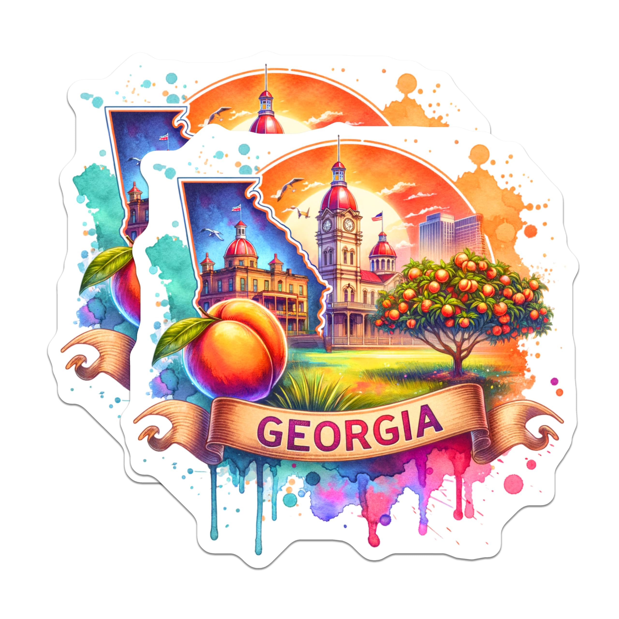 (2 Pack) Georgia State Stickers - Watercolor Art - Georgia Landmark Stickers - Peach State Illustration - Travel Decals - 5" On Longest Side - Sticks to Smooth Flat Surfaces - Made in USA - BMCS6896