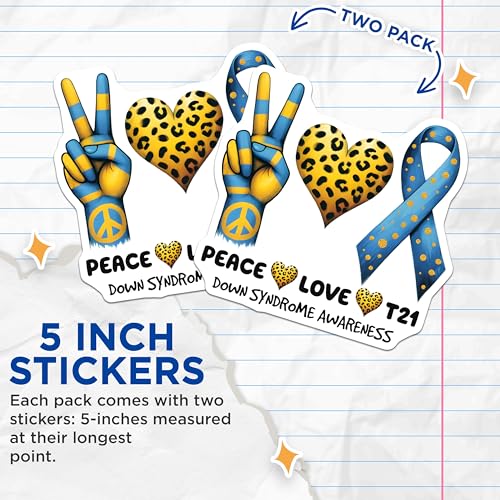 (2 Pack) Down Syndrome Awareness Stickers - Peace Love T21 - Heart Ribbon - 5" On Longest Side - Sticks to Smooth Flat Surfaces - Made in USA - BMCS8206