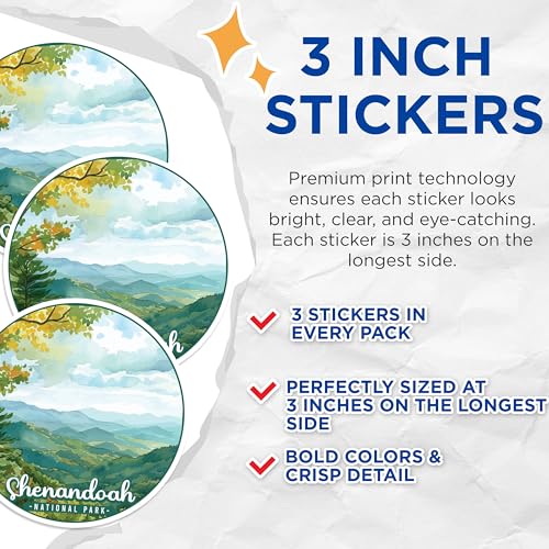 (3 Pack) Shenandoah National Park Decals - Nature Landscape Decal - Laptop Decal - 3 Inches On Longest Side - Easy Peel & Apply - Made in USA - 3MCS0486