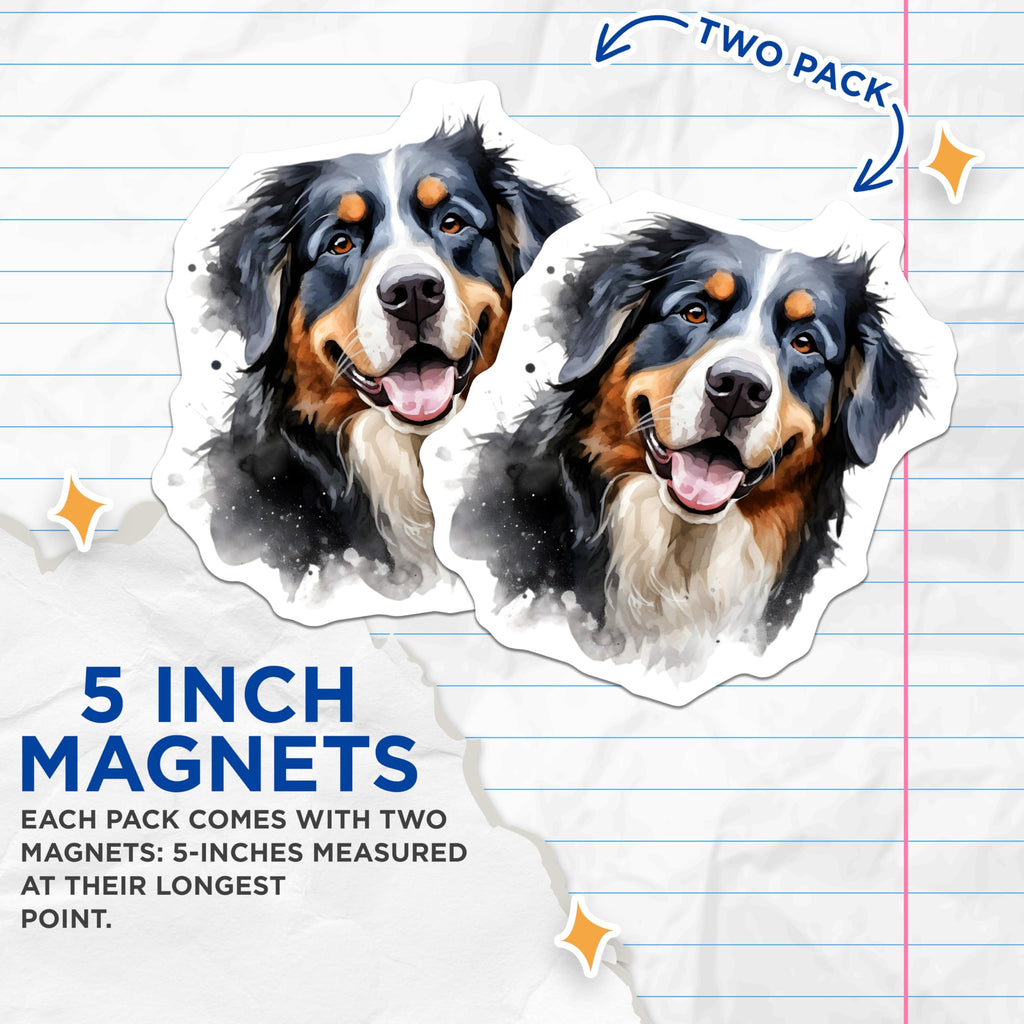 (2 Pack) Bernese Mountain Dog Magnets - Watercolor Berner Art - Dog Mom Pet Lover Fridge Decor - 5 Inches On Longest Side - Thick Durable Magnet - Made in USA - MAG30683