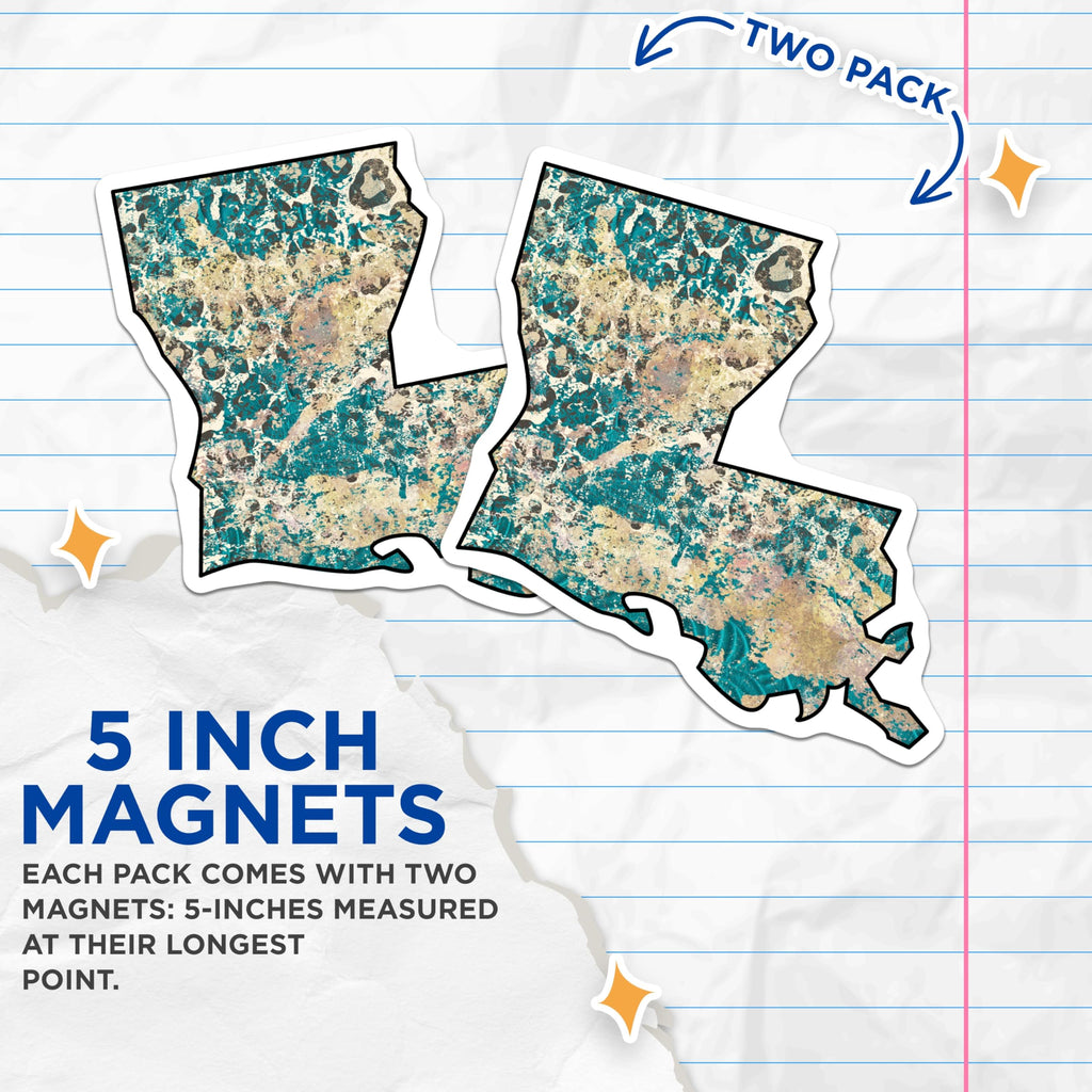 (2 Pack) Louisiana Map Magnets - Teal Leopard Print - Home Decor Accents - 5" On Longest Side - Premium Magnet - for Cars, Refrigerators, Toolboxes, Lockers - Made in USA - MAG18803