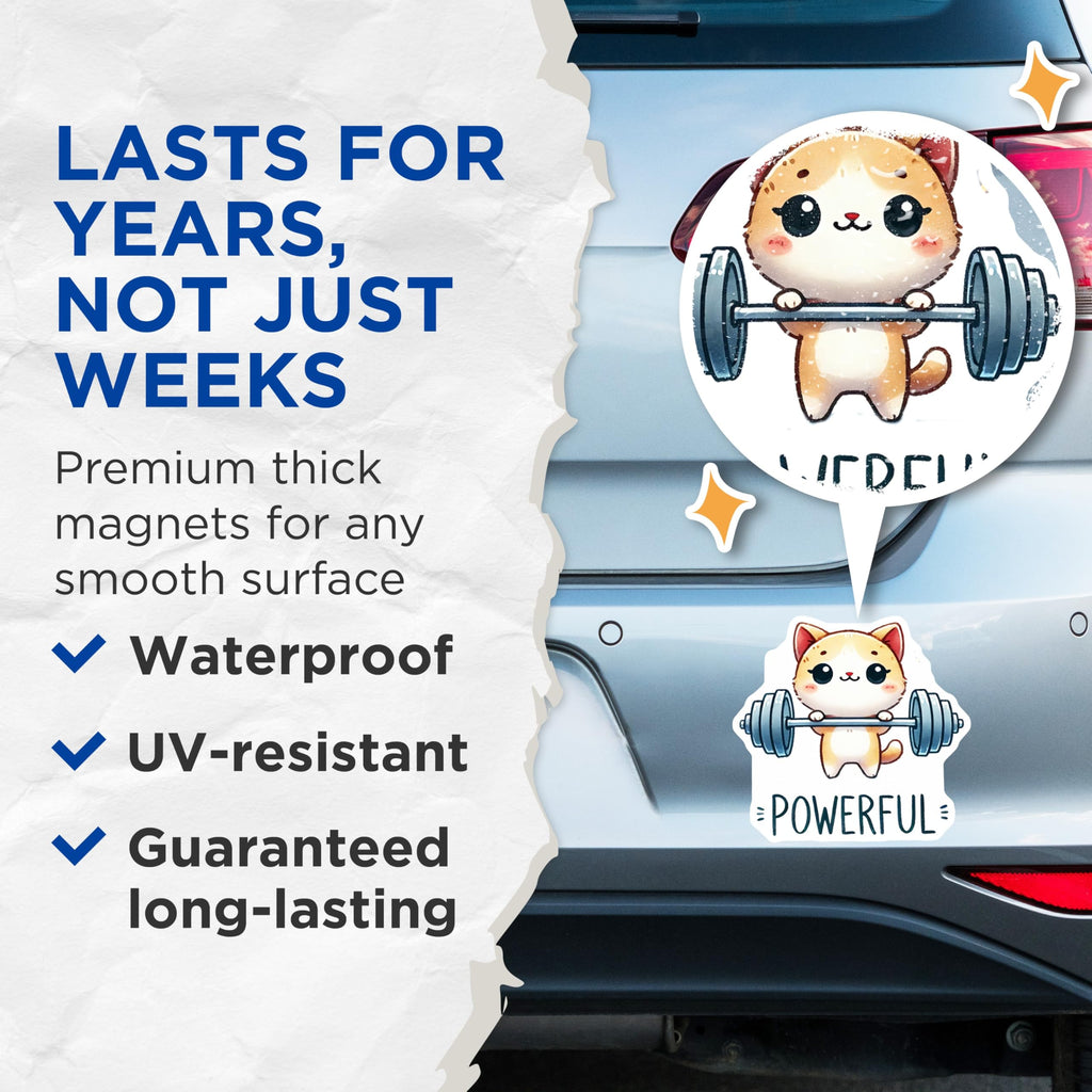 (2 Pack) Powerful Cat Magnets - Weightlifting Kitty - Strong Animal Cartoon - 5" On Longest Side - Premium Magnet - for Cars, Refrigerators, Toolboxes, Lockers - Made in USA - MAG15430