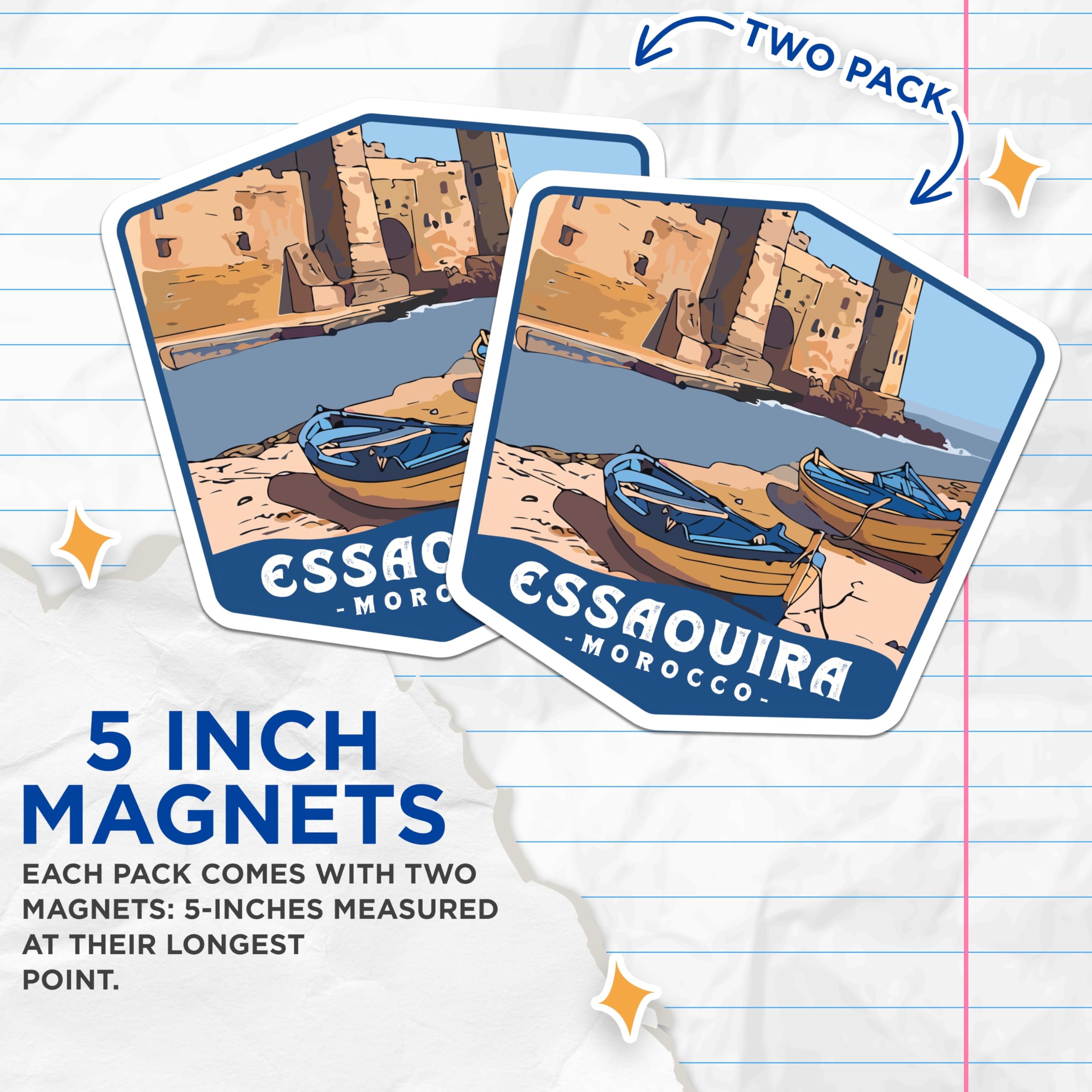(2 Pack) Essaouira Travel Magnets - Moroccan Coastal City Souvenir - Fortified Port Decor - Azure Boats Art - 5 Inches On Longest Side - Thick Durable Magnet - Made in USA - MAG19648
