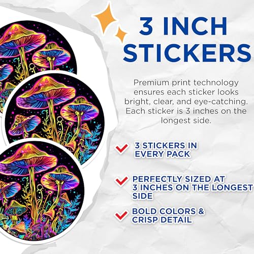 (3 Pack) Mushroom Decals - Trippy Fantasy Art - Laptop Decal Sticker- 3 Inches On Longest Side - Easy Peel & Apply - Made in USA - 3MCS5452