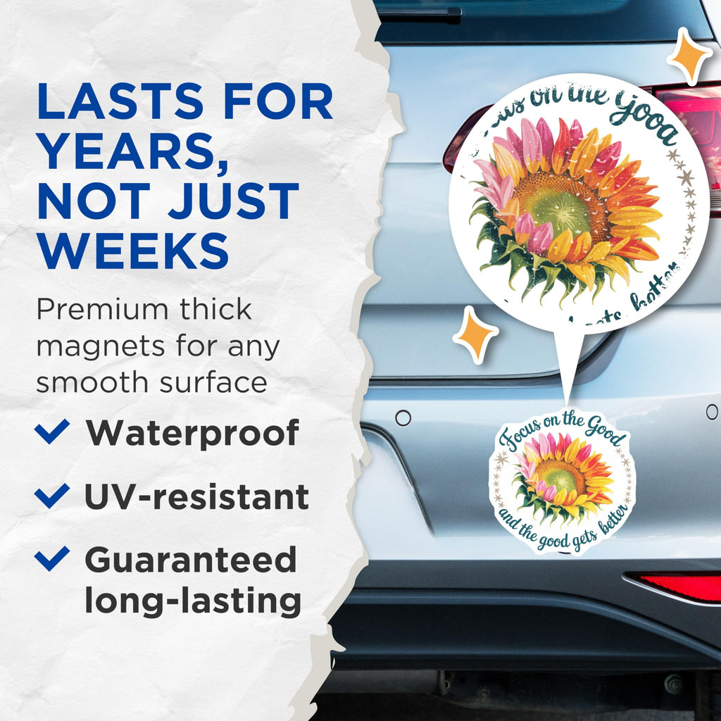(2 Pack) Vibrant Sunflower Magnets - Focus on the Good Quote - Positive Affirmation Art - 5 Inches On Longest Side - Thick Durable Magnet - Made in USA - MAG21289