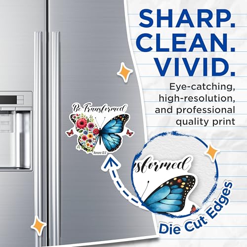 (2 Pack) Uplifting Be Transformed Magnets - Inspirational Romans 12:2 Floral Butterfly - Christian - 5" On Longest Side - for Fridges, Toolboxes, Cars - Made in USA - MAG2834
