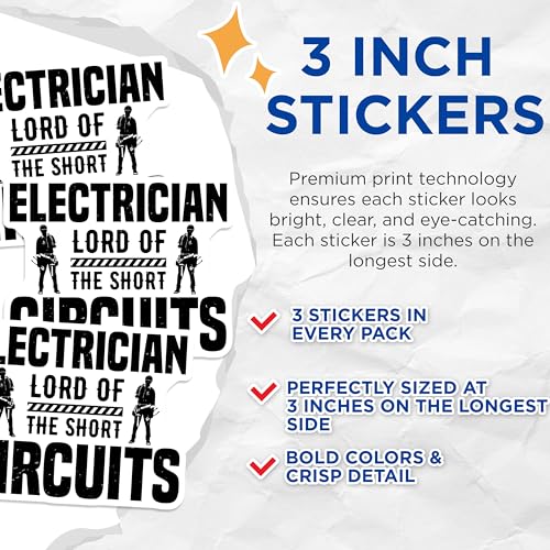 (3 Pack) Electrician Decals - Lord of Short Circuits - Electrical Worker Stickers - 3 Inches On Longest Side - Easy Peel & Apply - Made in USA - 3MCS4493