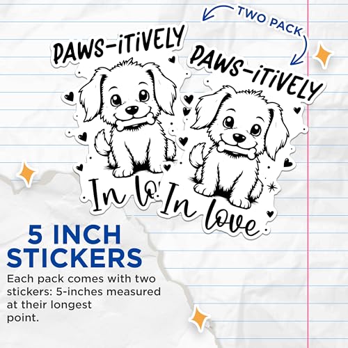(2 Pack) Paws-itively in Love Stickers - Cute Dog Stickers - Adorable Puppy Stickers - 5" On Longest Side - Sticks to Any Smooth Flat Surface - Made in USA - BMCS2861