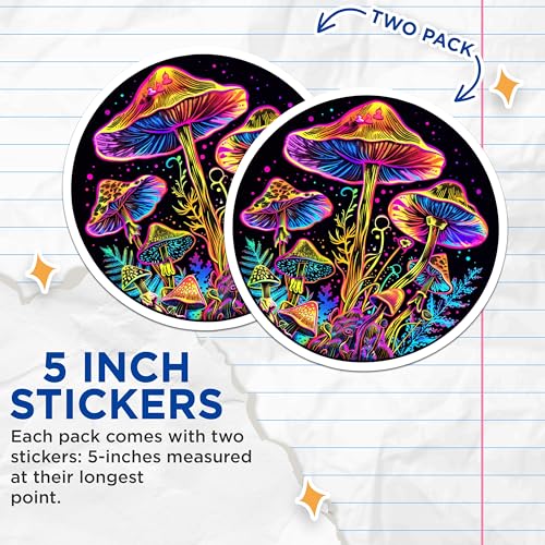 (2 Pack) Neon Mushroom Stickers - Psychedelic Art - Glowing Fungi Decal - Colorful Mushroom Sticker Set - 5" On Longest Side - Sticks to Smooth Flat Surfaces - Made in USA - BMCS6688