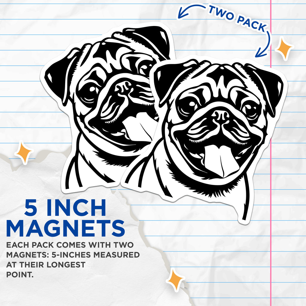 (2 Pack) Pug Dog Head Magnets - Cute Pet Illustration - Animal Lover Refrigerator Decor - 5 Inches On Longest Side - Thick Durable Magnet - Made in USA - MAG37452