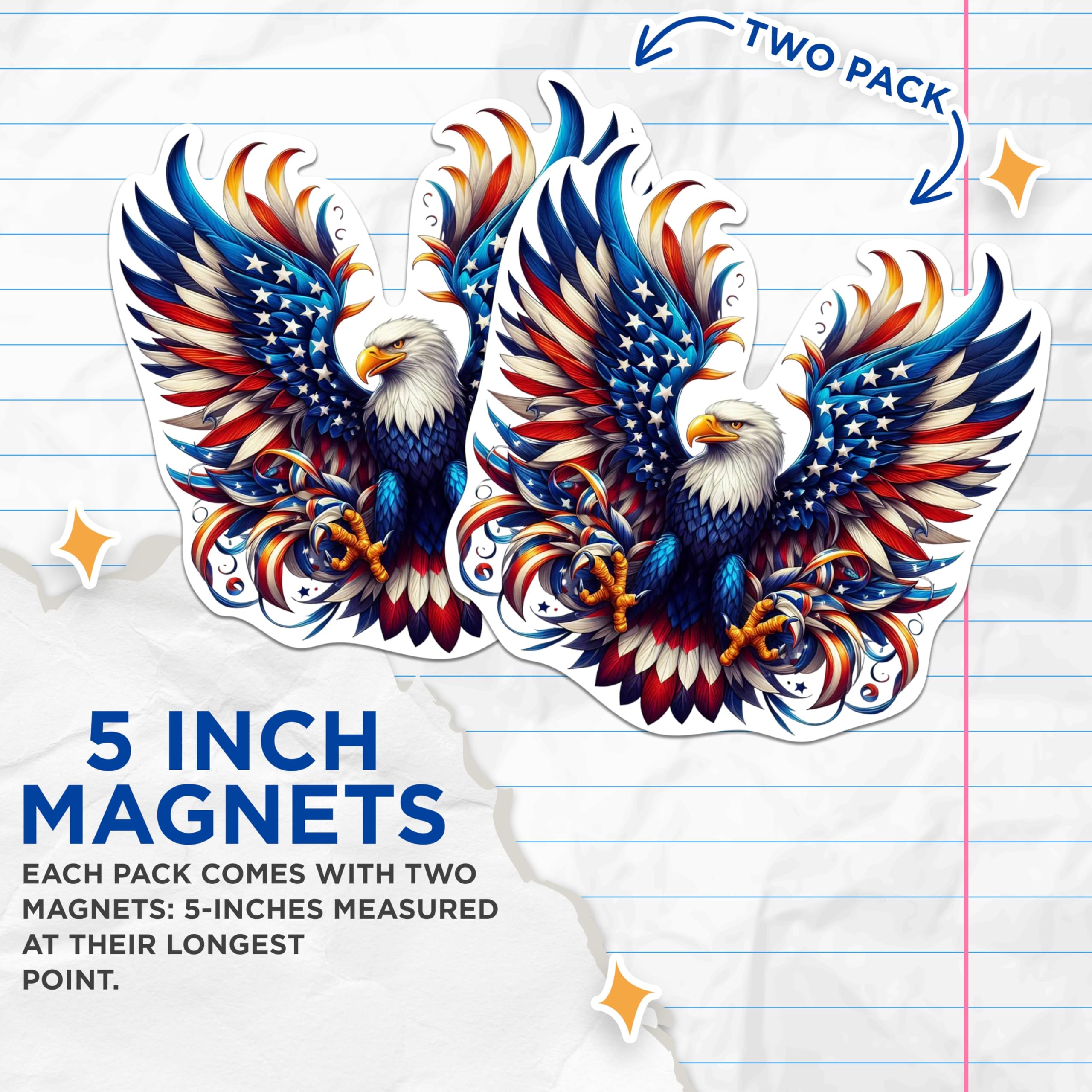 (2 Pack) Patriotic USA Flag Bald Eagle Screaming Eagle Magnets - USA Flag Magnets - 5 Inches On Longest Side - Premium Magnet - for Cars, Refrigerators, Toolboxes - Made in USA - MAG2124