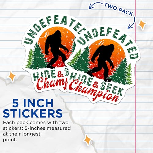 (2 Pack) Undefeated Hide and Seek Champion Stickers - Bigfoot Decal - Forest Sasquatch Fun Sticker - 5" On Longest Side - Sticks to Smooth Flat Surfaces - Made in USA - BMCS6228