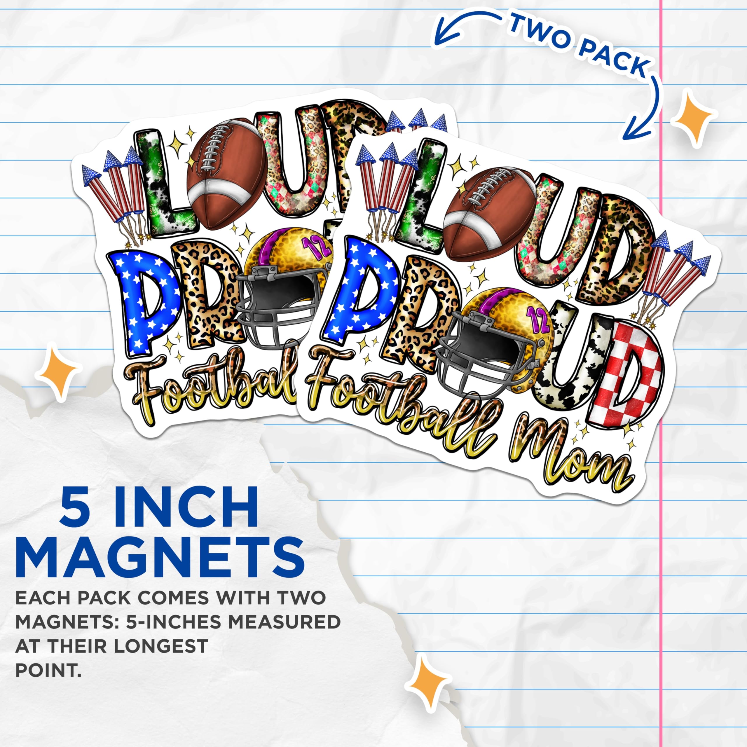 (2 Pack) Loud Proud Football Mom Magnets - Game Day Mama Decor - Football Season Life - Sports Mom Accessories - 5 Inches On Longest Side - Thick Durable Magnet - Made in USA - MAG30728