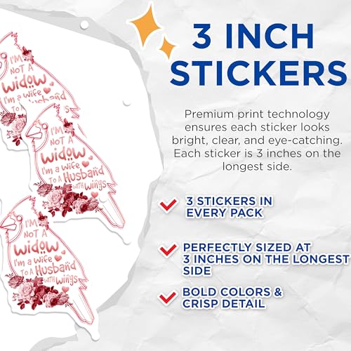 (3 Pack) Cardinal Wife Decals - Husband with Wings - Memorial Decals - 3 Inches On Longest Side - Easy Peel & Apply - Made in USA - 3MCS4895