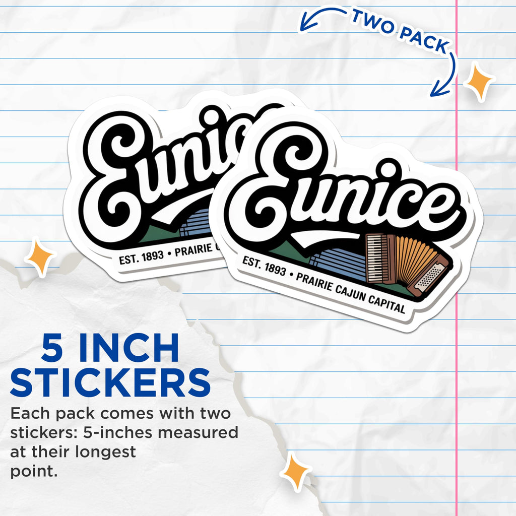 (2 Pack) Eunice Louisiana Stickers - Prairie Cajun Capital - Accordion Musical Instrument - 5" On Longest Side - Sticks to Smooth Flat Surfaces - Made in USA - BMCS18178