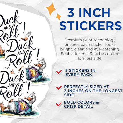 (3 Pack) Duck and Roll Decals - Funny Animal Stickers - Quirky Laptop Decal - 3 Inches On Longest Side - Easy Peel & Apply - Made in USA - 3MCS7284