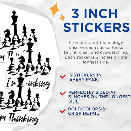 (3 Pack) Chess Decals - I'm Thinking - Chess Pieces Laptop Decal - 3 Inches On Longest Side - Easy Peel & Apply - Made in USA - 3MCS1970
