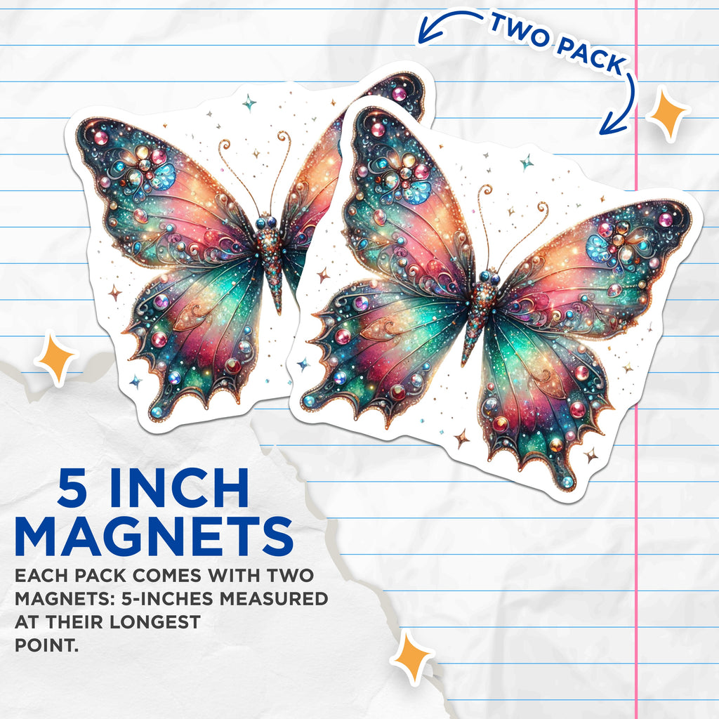 (2 Pack) Ornate Butterfly Magnets - Jeweled Insect Decor - Cosmic Fairycore Aesthetic - 5 Inches On Longest Side - Thick Durable Magnet - Made in USA - MAG39991