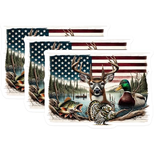 (3 Pack) American Wildlife Decals - Patriotic Deer - Duck Turkey Fish Stickers - 3 Inches On Longest Side - Easy Peel & Apply - Made in USA - 3MCS7418