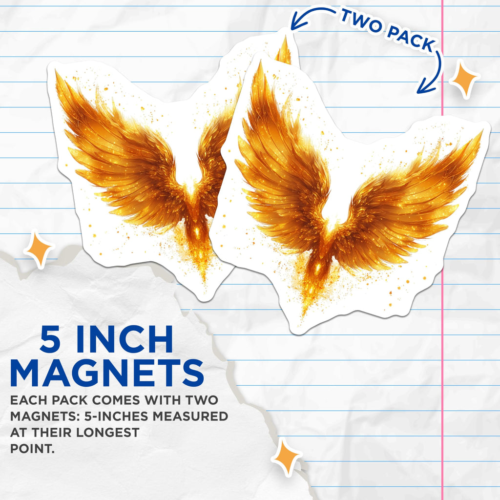 (2 Pack) Phoenix Golden Wings Magnets - Rebirth Symbolism - Fantasy Art Decor - Mystical Firebird Theme - 5 Inches On Longest Side - Thick Durable Magnet - Made in USA - MAG27760